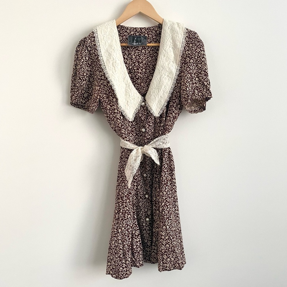 Vintage Floral Lace Peter Pan Collar Brown Mini Dress